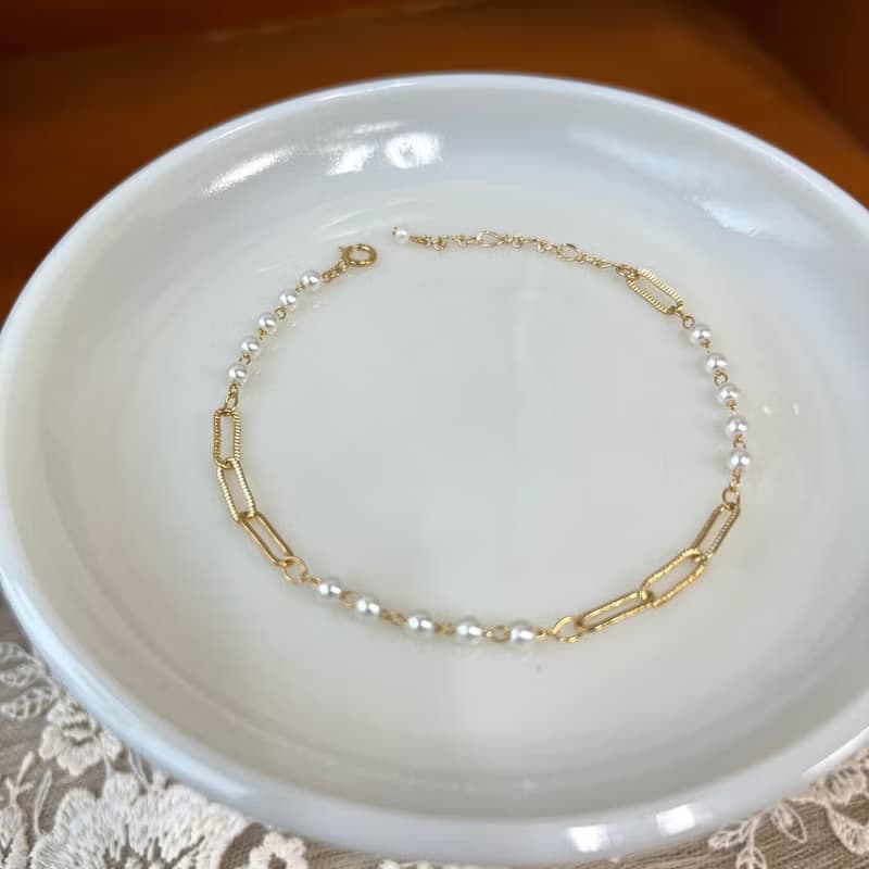 14K包金 長方鏈條珍珠手鏈 珍珠項鏈 鎖骨鏈14kgf