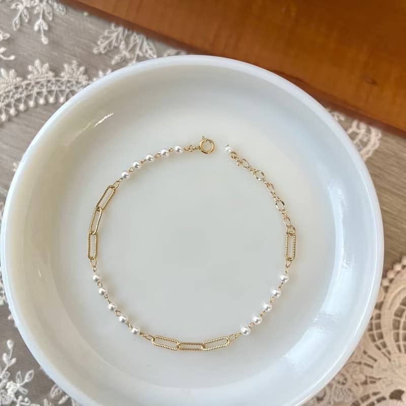14K包金 長方鏈條珍珠手鏈 珍珠項鏈 鎖骨鏈14kgf