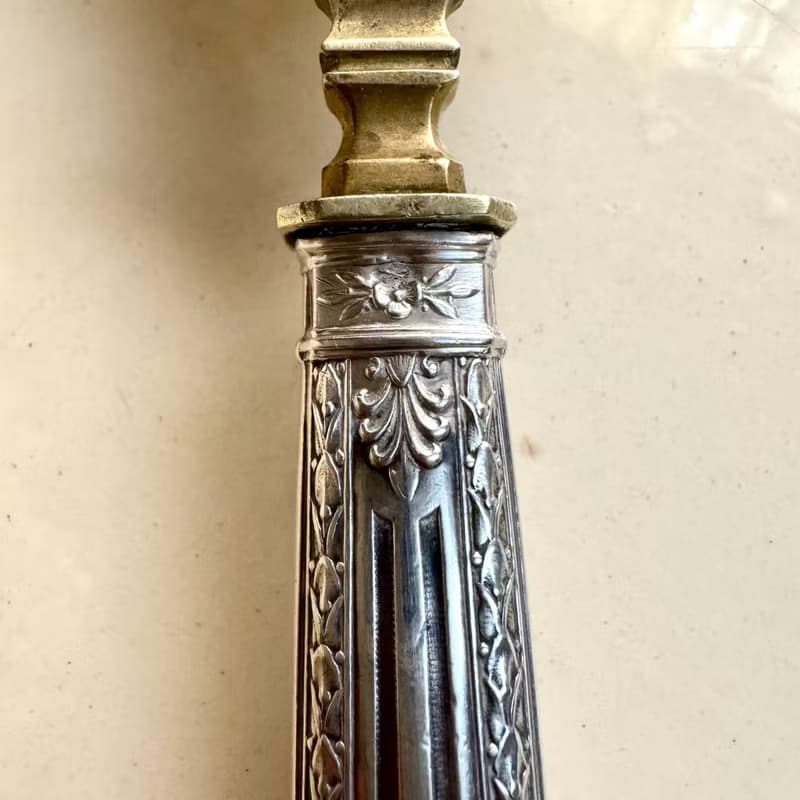 50639-典雅法國古董甜點鏟 純銀柄 銅鍍金鏤空花卉刀面