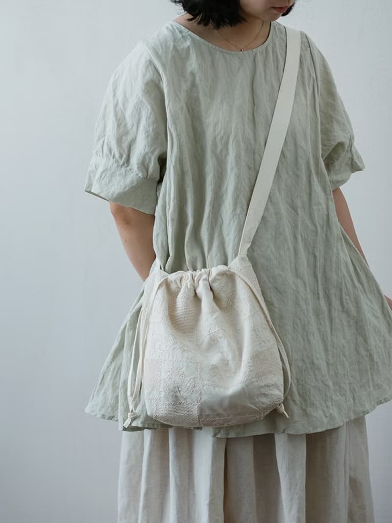 paleMoon|白刺繡拼接單肩包斜挎包日系森系棉麻布袋休閒小布包包