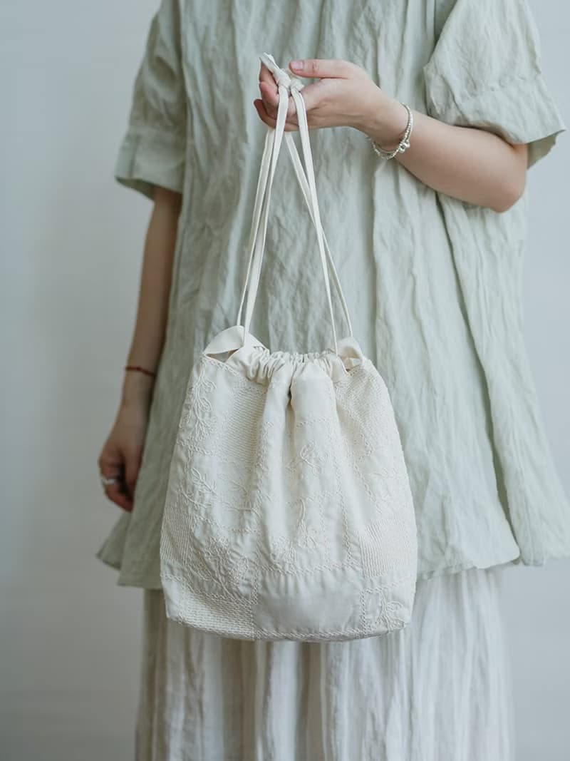 paleMoon|白刺繡拼接單肩包斜挎包日系森系棉麻布袋休閒小布包包