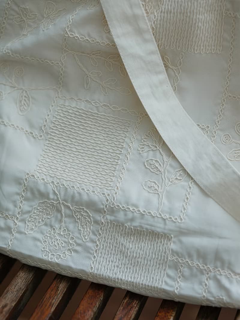 paleMoon|白刺繡拼接單肩包斜挎包日系森系棉麻布袋休閒小布包包