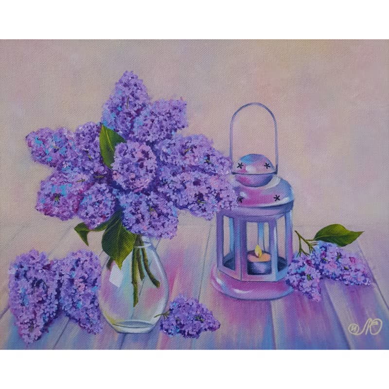 Lilac Painting Still Life Original Art Flower Artwork Bouquet Frame Oil Painting