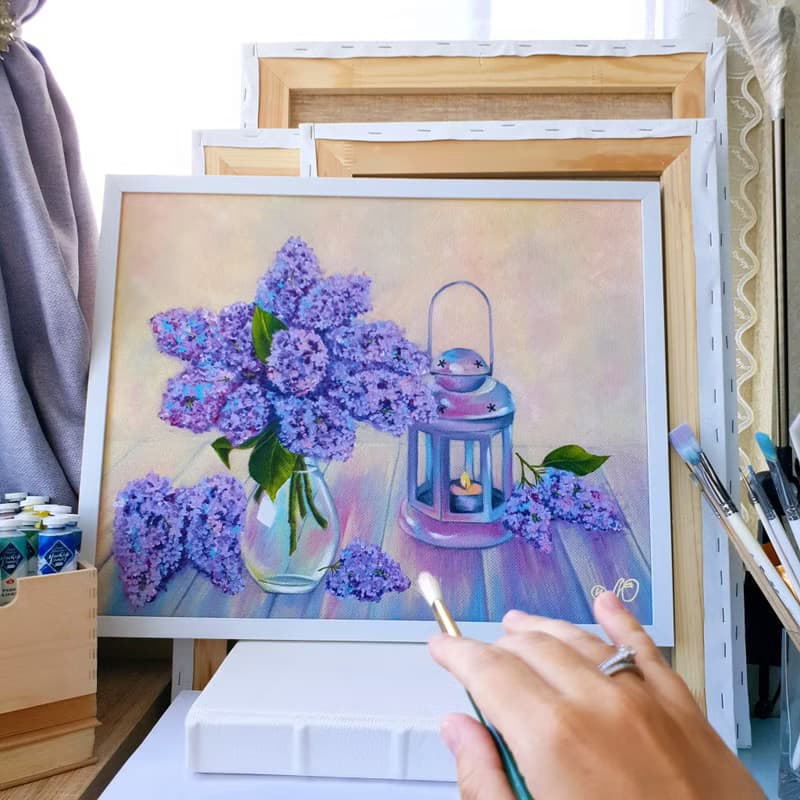Lilac Painting Still Life Original Art Flower Artwork Bouquet Frame Oil Painting