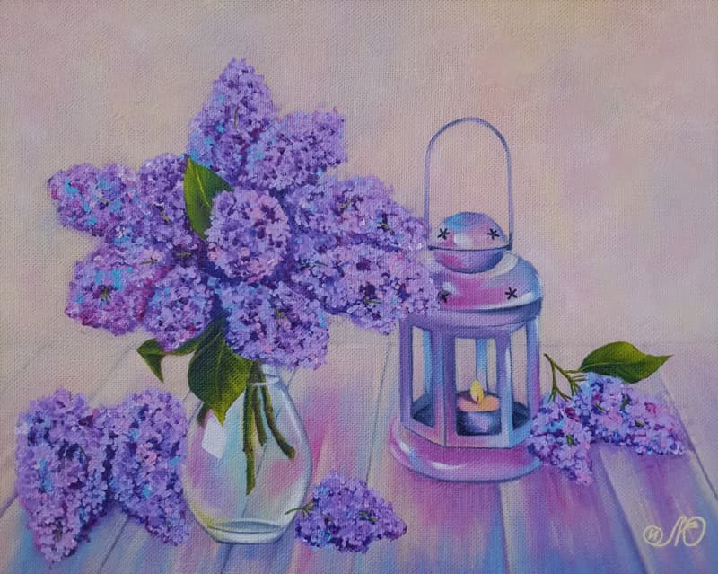 Lilac Painting Still Life Original Art Flower Artwork Bouquet Frame Oil Painting
