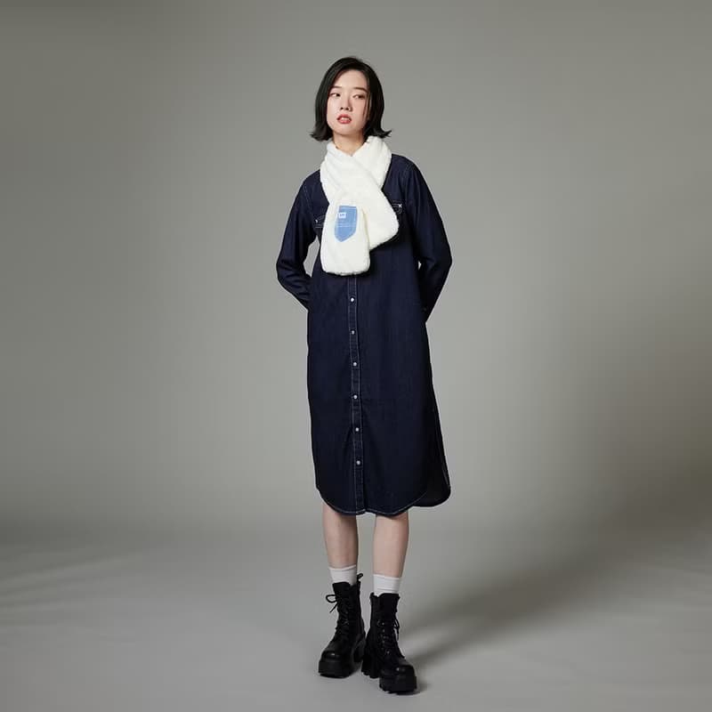 Lee 牛仔口袋刷毛圍巾 奶霜白