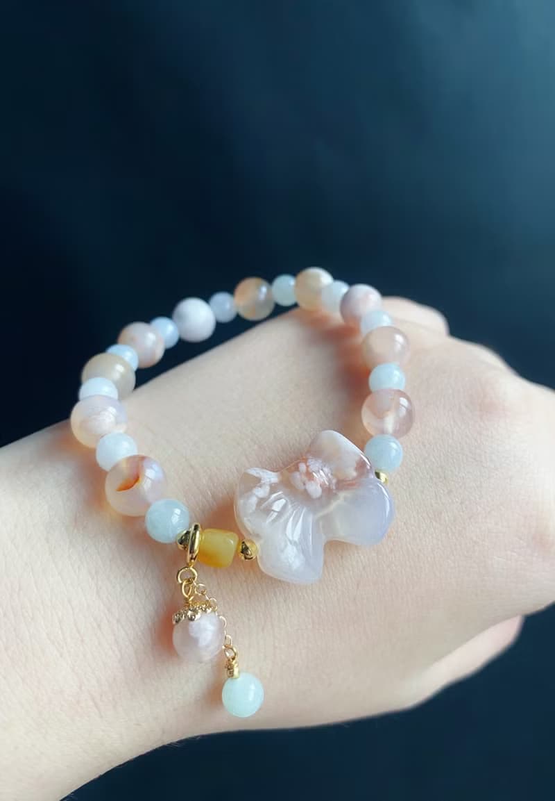 天然緬甸玉 翡翠 蝴蝶結 櫻花瑪瑙 蜜蠟 設計款 手鍊 禮物