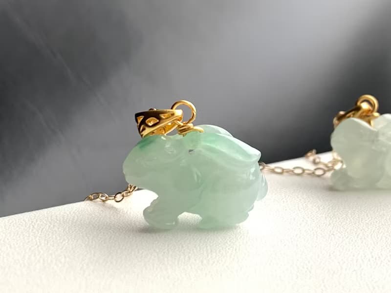 天然緬甸玉翡翠 玉兔 14kgf注金項鍊 14Kgf