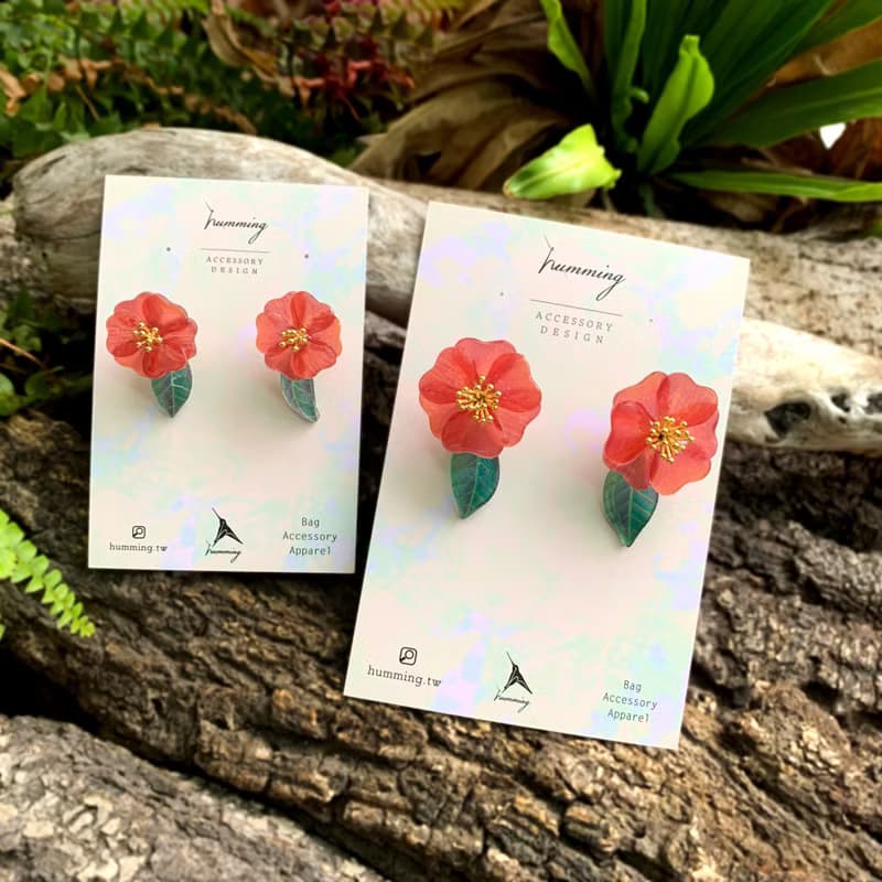 耳環 椿花 山茶花 樹脂 花 銀飾 耳夾 禮物 禮盒 手工 紅 情人節