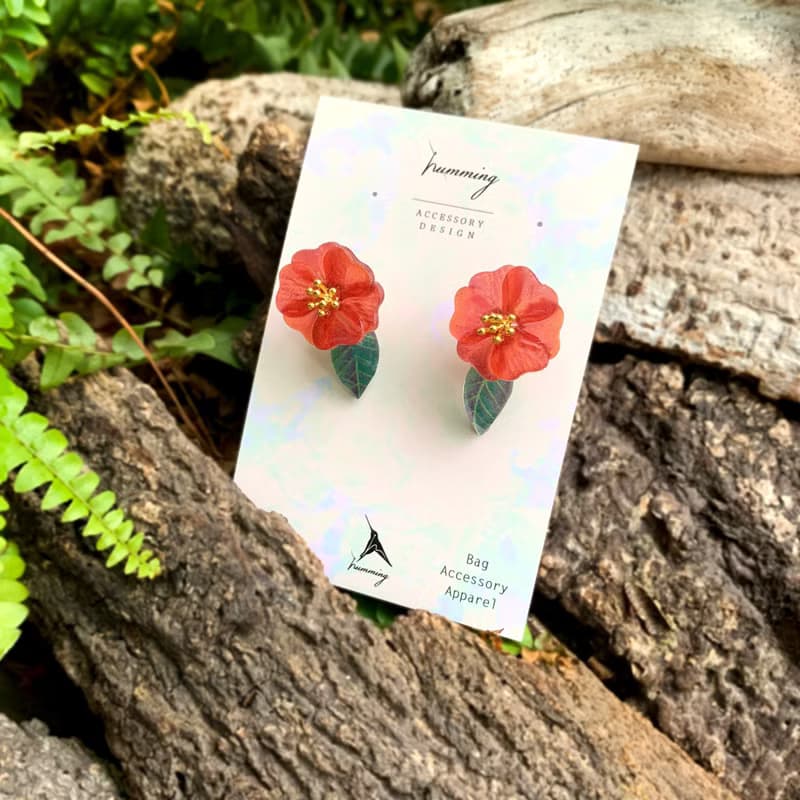 耳環 椿花 山茶花 樹脂 花 銀飾 耳夾 禮物 禮盒 手工 紅 情人節