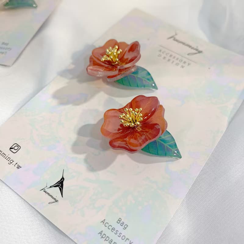 耳環 椿花 山茶花 樹脂 花 銀飾 耳夾 禮物 禮盒 手工 紅 情人節