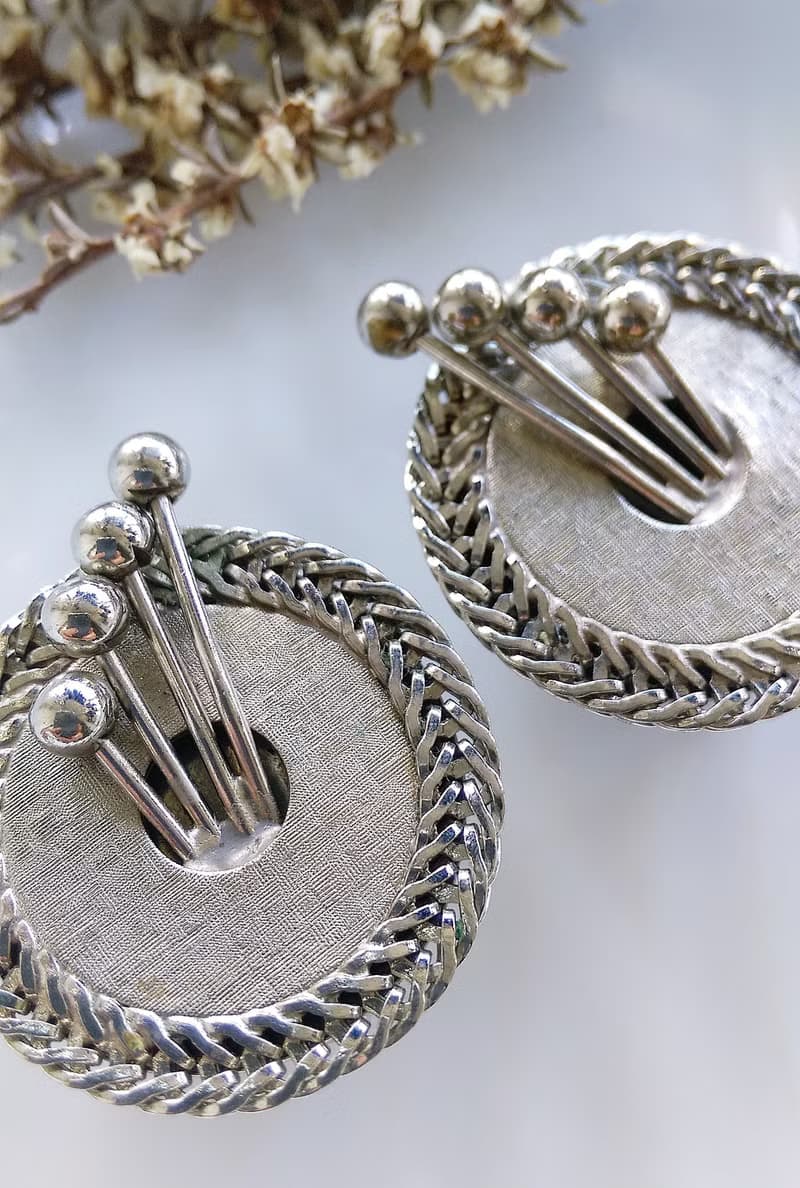 Vintage Jewelry 西洋古董飾品 銀色調 對稱 立體  夾式耳環
