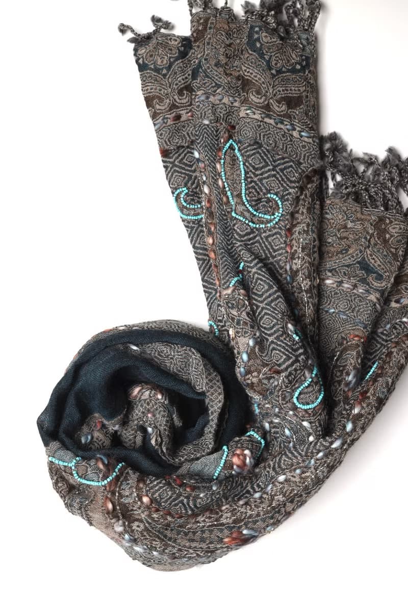 【精品禮盒】喀什米爾水煮羊毛手工刺繡圍巾披肩藍綠咖啡透紗釘珠