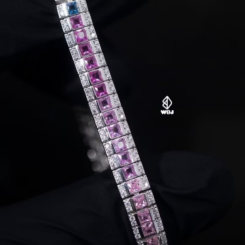 Wbj 7mm漸變色公主方彩虹手鏈 滿鑽手鍊 手環