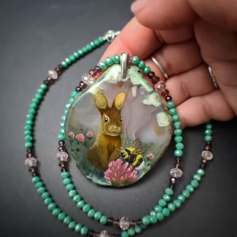 Necklace with rabbit, bumblebee Painting Agate stone Christmas Gift Wrapping
