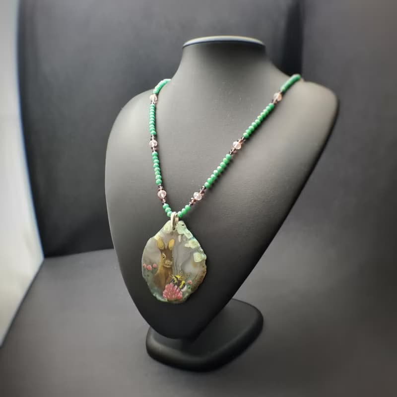 Necklace with rabbit, bumblebee Painting Agate stone Christmas Gift Wrapping