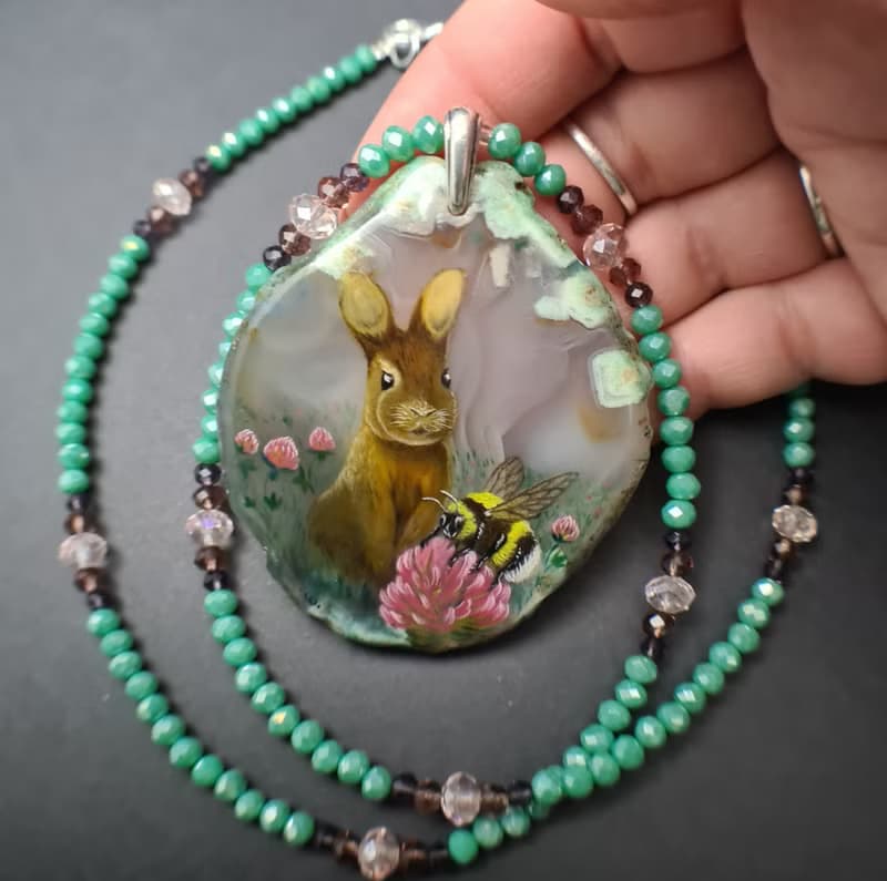 Necklace with rabbit, bumblebee Painting Agate stone Christmas Gift Wrapping