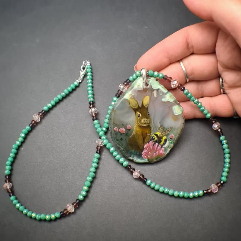 Necklace with rabbit, bumblebee Painting Agate stone Christmas Gift Wrapping