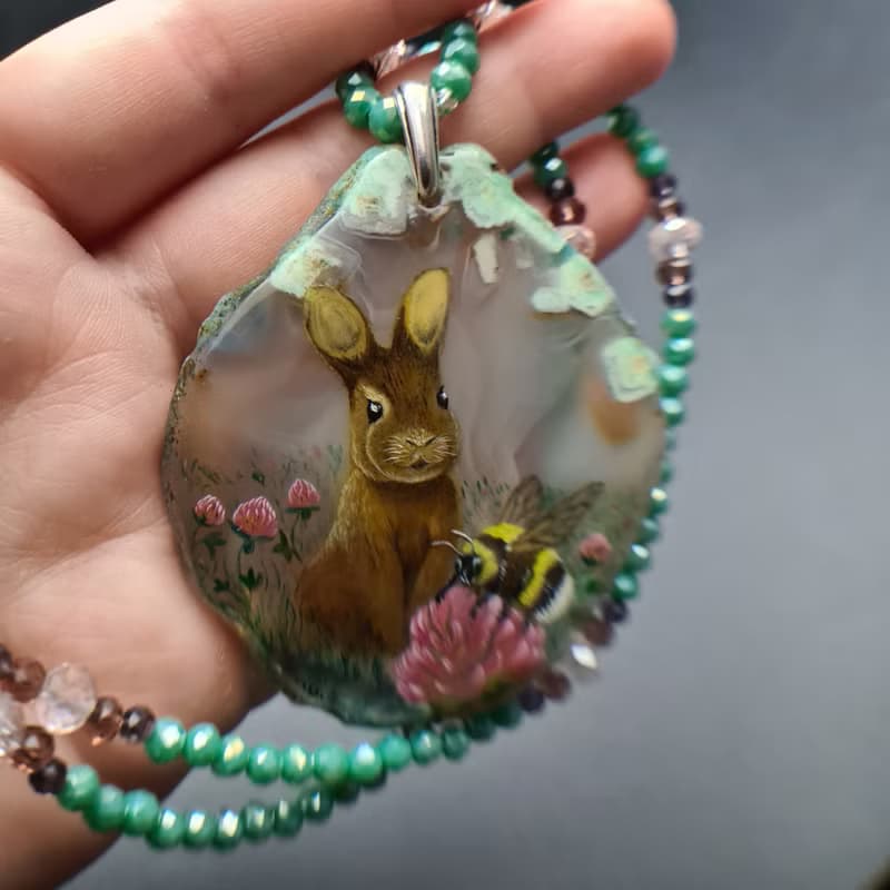 Necklace with rabbit, bumblebee Painting Agate stone Christmas Gift Wrapping