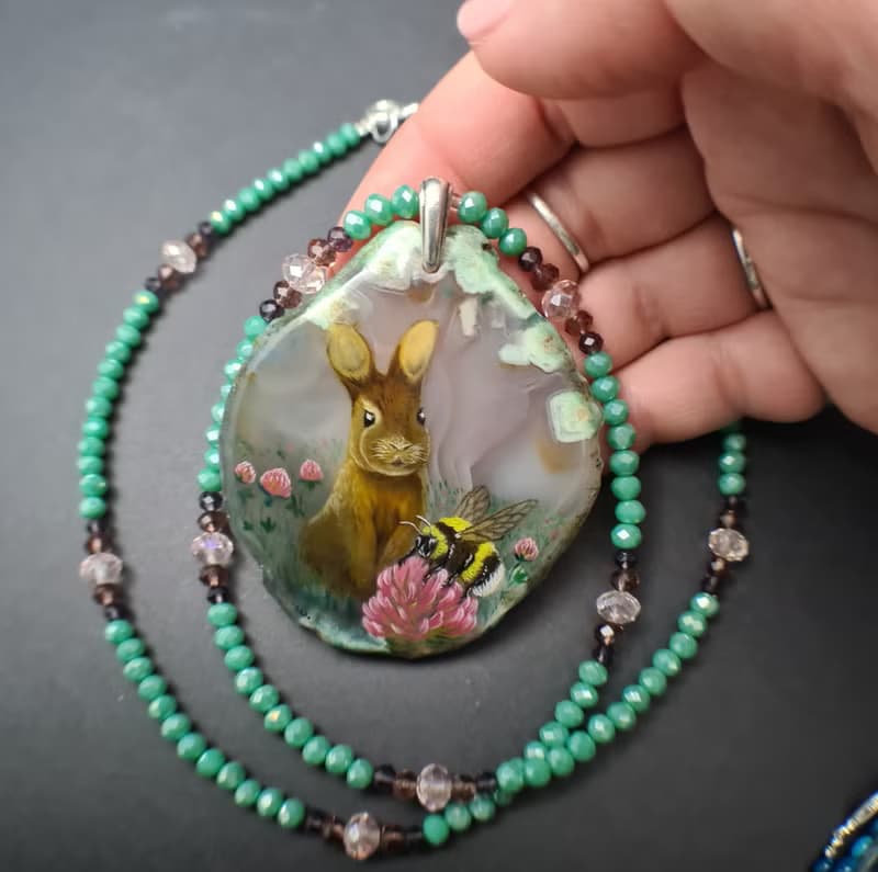 Necklace with rabbit, bumblebee Painting Agate stone Christmas Gift Wrapping