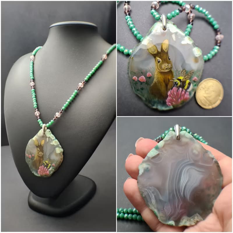 Necklace with rabbit, bumblebee Painting Agate stone Christmas Gift Wrapping