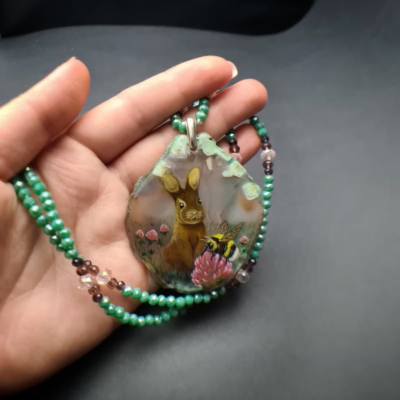 Necklace with rabbit, bumblebee Painting Agate stone Christmas Gift Wrapping