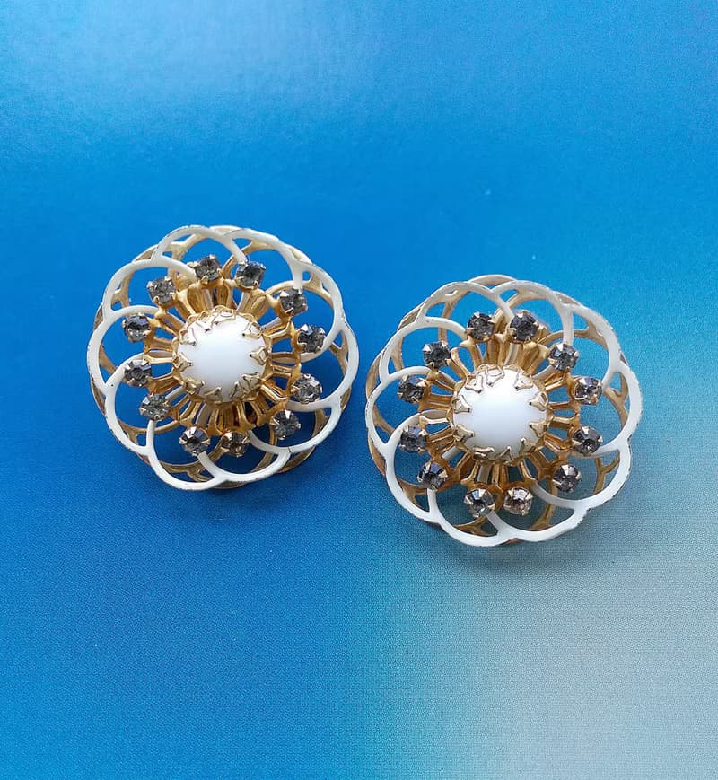 Vintage Jewelry 西洋古董飾品 KRAMER 立體雙圈白珠 夾式耳環