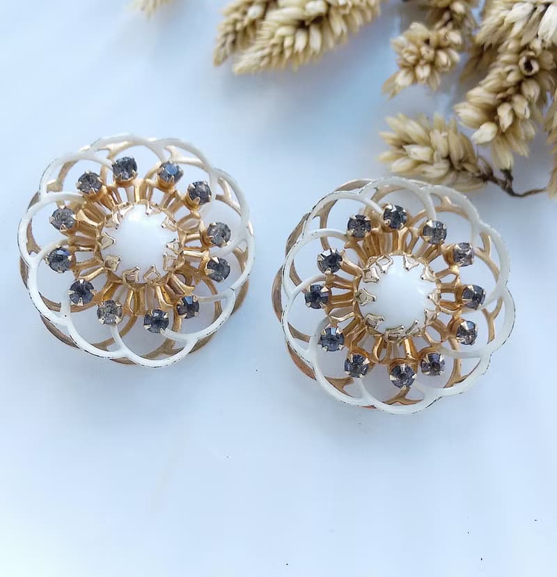 Vintage Jewelry 西洋古董飾品 KRAMER 立體雙圈白珠 夾式耳環
