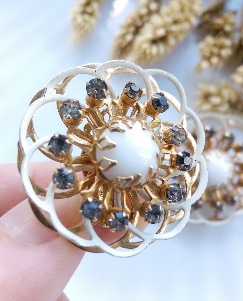 Vintage Jewelry 西洋古董飾品 KRAMER 立體雙圈白珠 夾式耳環