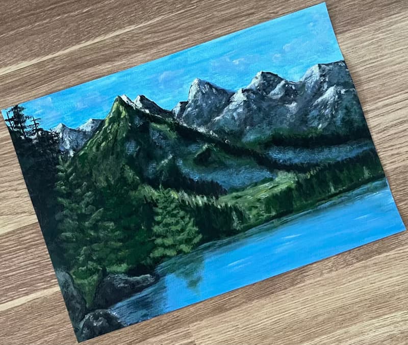 Morning in the mountains. Mountain landscape. Gouache paint