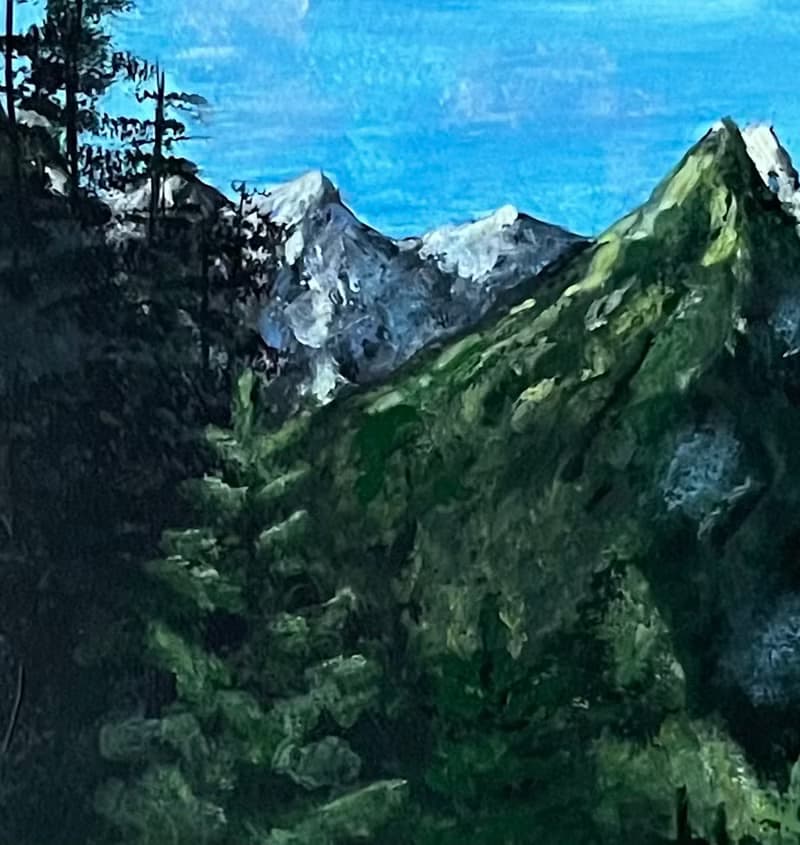 Morning in the mountains. Mountain landscape. Gouache paint