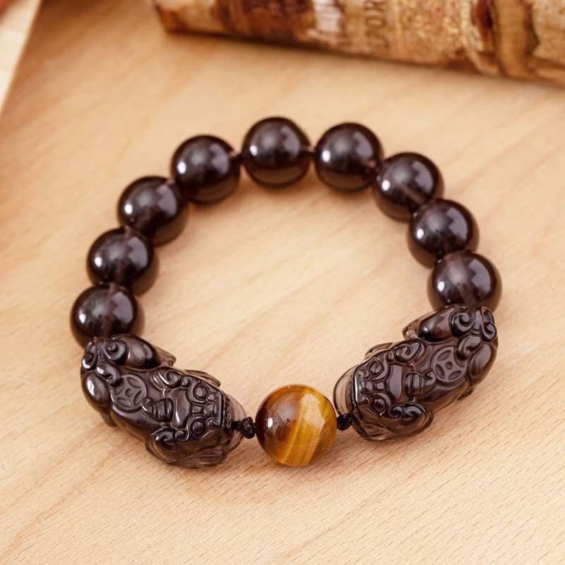 天然冰種黑曜石雙貔貅手鍊(含開光)驅邪、化煞、轉運、增財