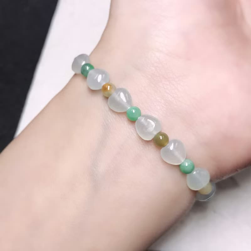 冰種多彩翡翠愛心手鍊 | 天然A貨翡翠 | 小手圍