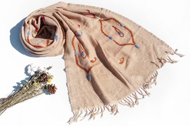 喀什米爾Cashmere/水煮羊毛披肩/針織圍巾/刺繡圍巾/羊絨披巾-花