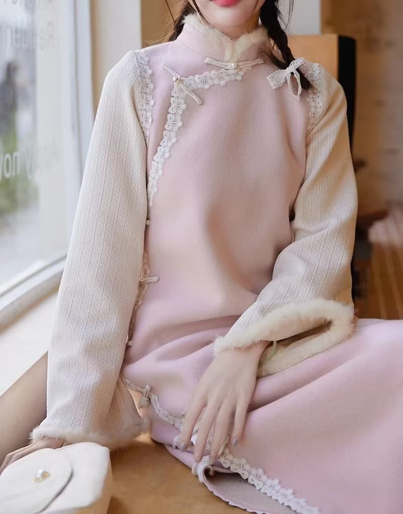 少女粉紅色 秋冬加絨國風針織拼接洋裝 新中式中秋春節改良旗袍