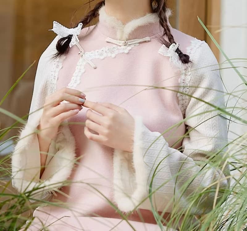少女粉紅色 秋冬加絨國風針織拼接洋裝 新中式中秋春節改良旗袍