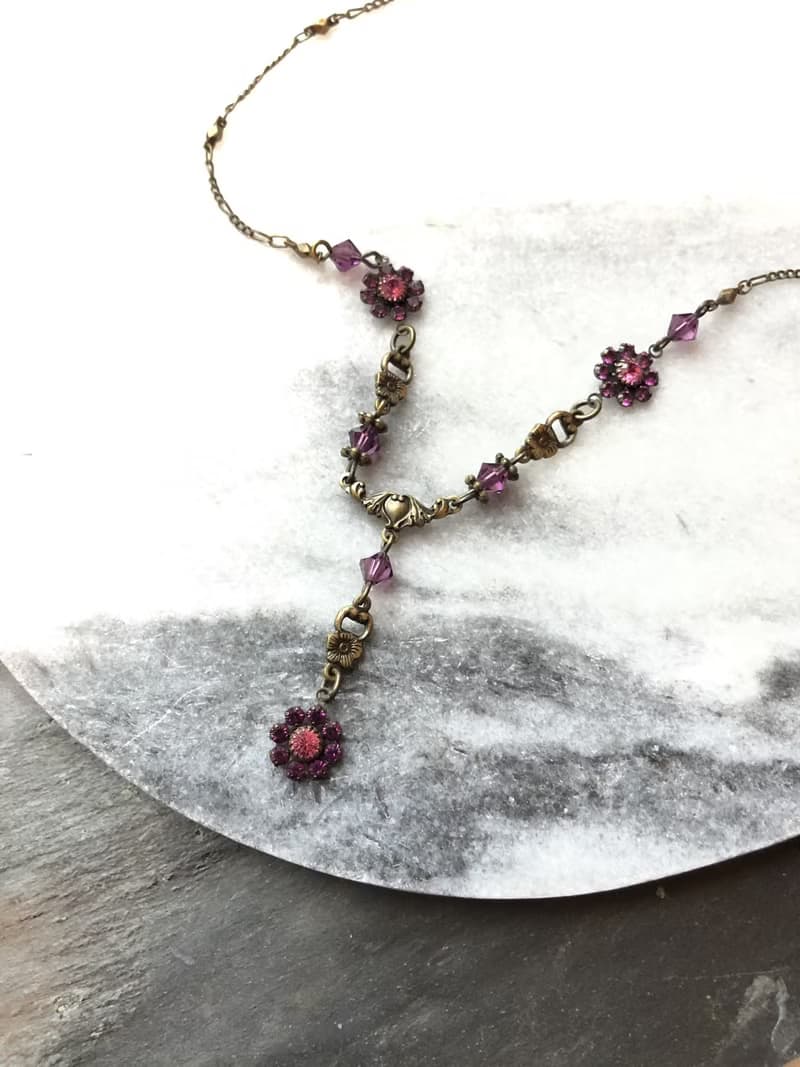 Vintage Sweet Romance Dainty Floral Pink Crystal Beads Necklace