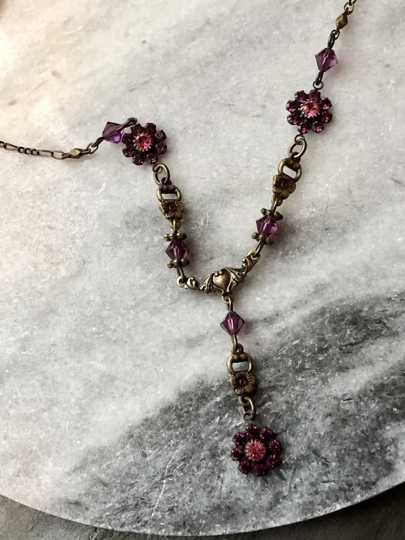 Vintage Sweet Romance Dainty Floral Pink Crystal Beads Necklace