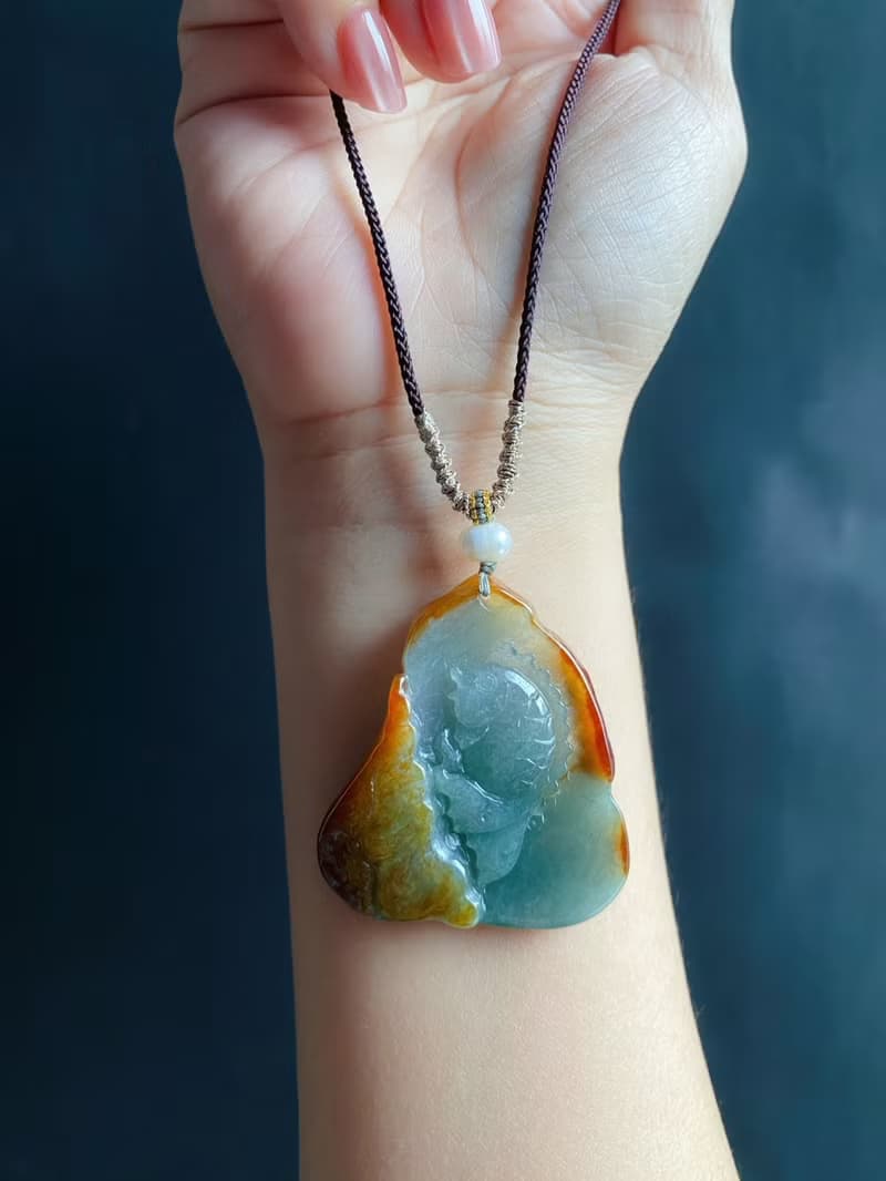 緬甸玉翡翠 天然紅翡 手工雕 荷葉魚 翡翠 禮物 天然石 項鍊