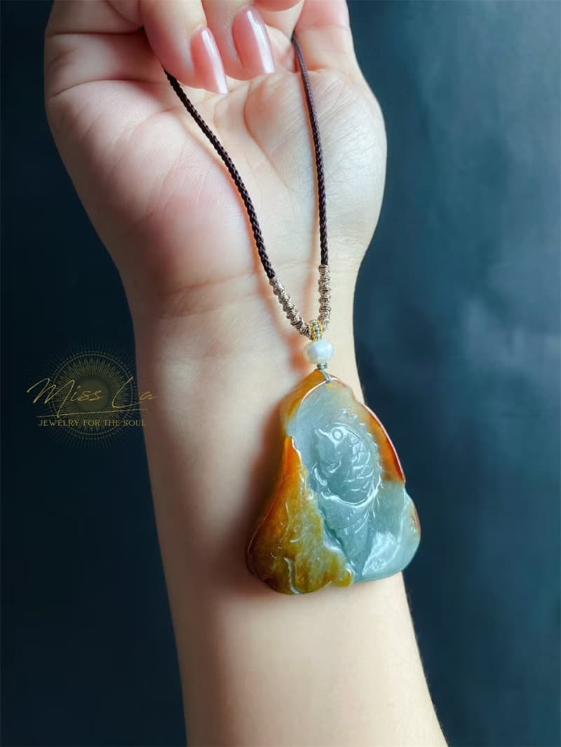 緬甸玉翡翠 天然紅翡 手工雕 荷葉魚 翡翠 禮物 天然石 項鍊