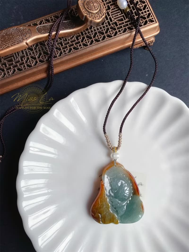 緬甸玉翡翠 天然紅翡 手工雕 荷葉魚 翡翠 禮物 天然石 項鍊