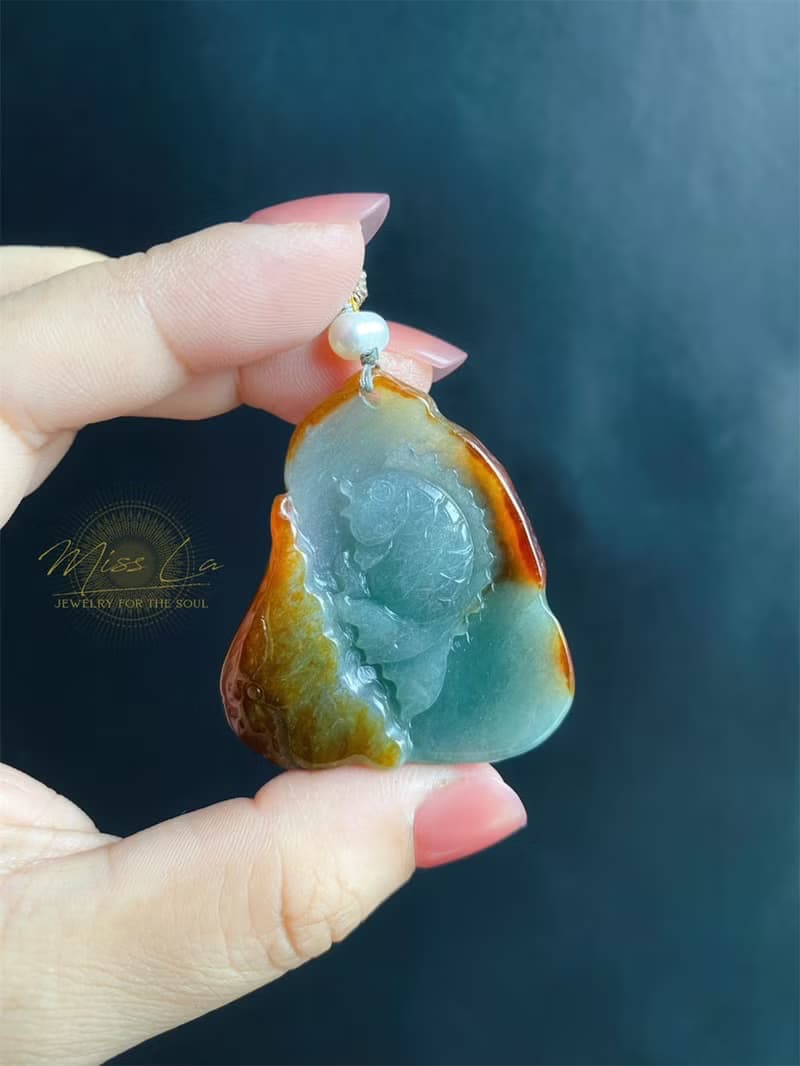 緬甸玉翡翠 天然紅翡 手工雕 荷葉魚 翡翠 禮物 天然石 項鍊