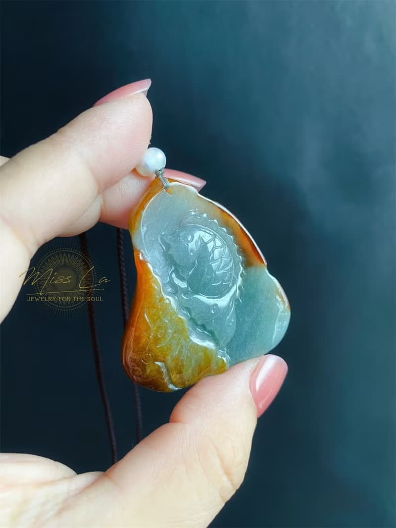 緬甸玉翡翠 天然紅翡 手工雕 荷葉魚 翡翠 禮物 天然石 項鍊