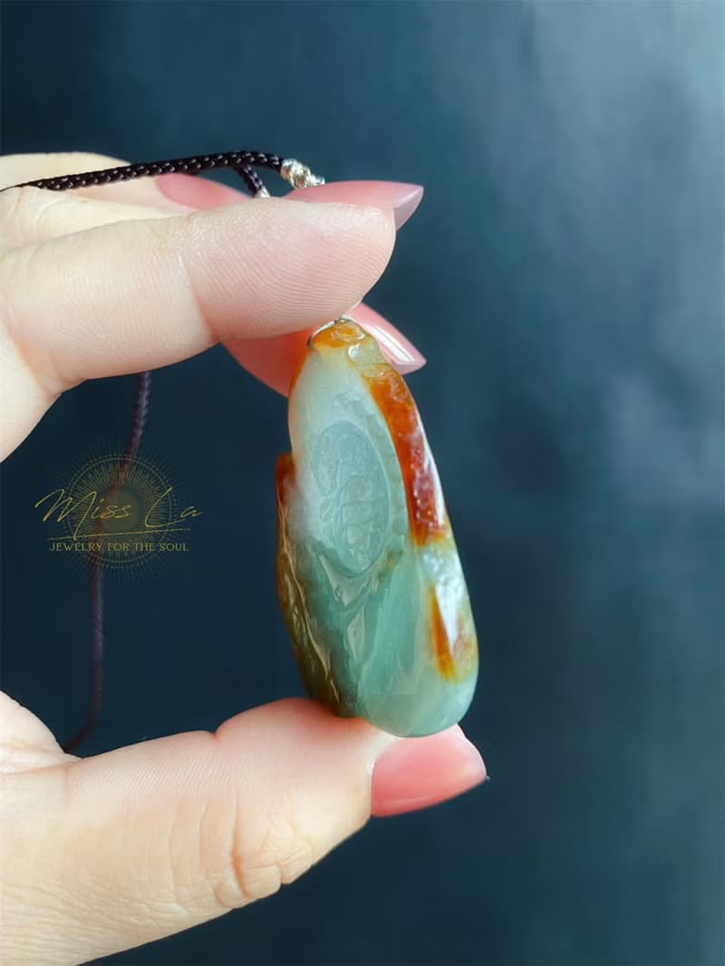 緬甸玉翡翠 天然紅翡 手工雕 荷葉魚 翡翠 禮物 天然石 項鍊
