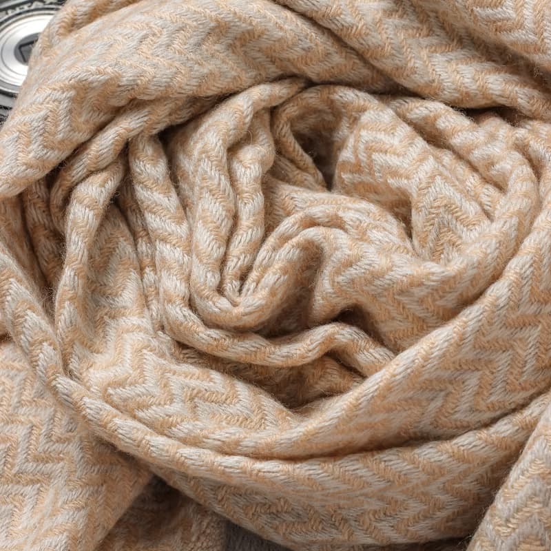 【厚款】喀什米爾羊毛圍巾/披肩  小山形紋香檳色 手工機織