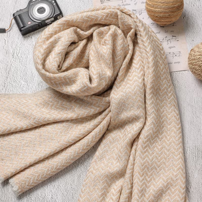 【厚款】喀什米爾羊毛圍巾/披肩  小山形紋香檳色 手工機織
