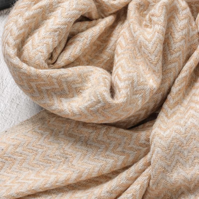 【厚款】喀什米爾羊毛圍巾/披肩  小山形紋香檳色 手工機織