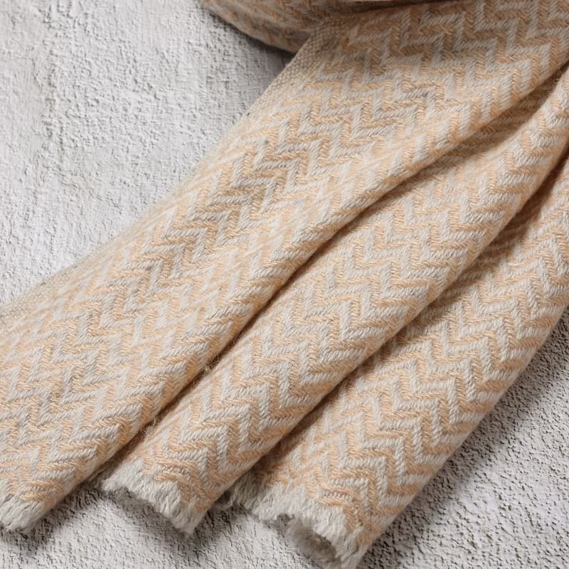 【厚款】喀什米爾羊毛圍巾/披肩  小山形紋香檳色 手工機織