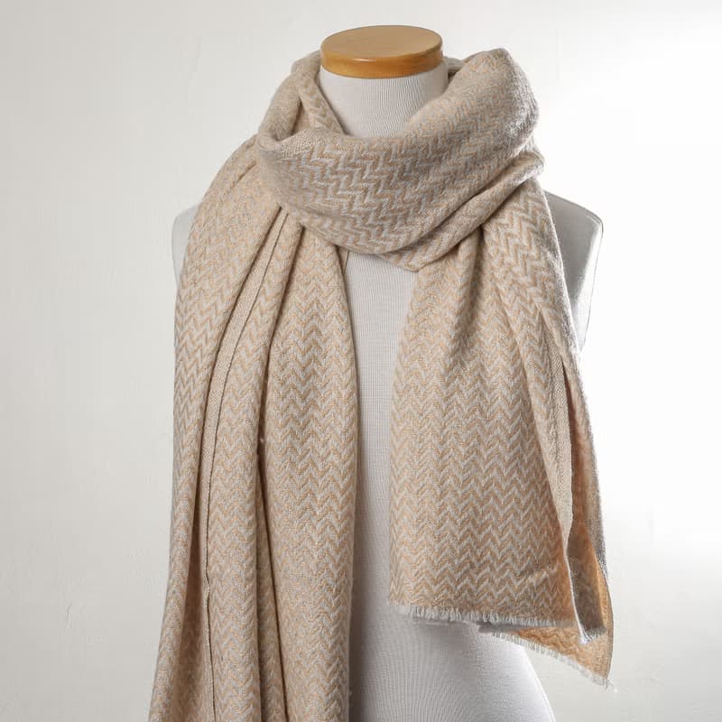 【厚款】喀什米爾羊毛圍巾/披肩  小山形紋香檳色 手工機織