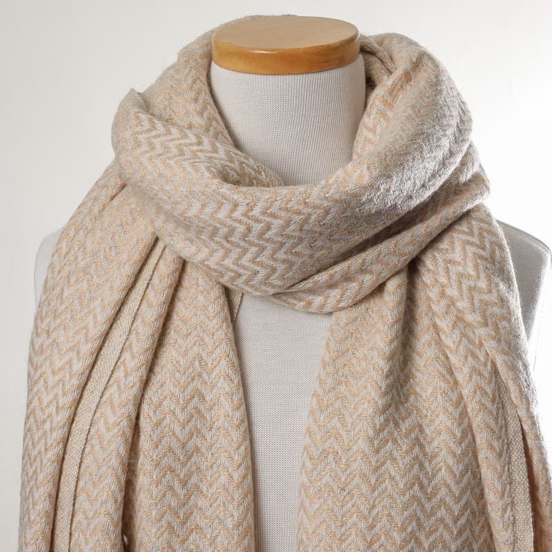 【厚款】喀什米爾羊毛圍巾/披肩  小山形紋香檳色 手工機織